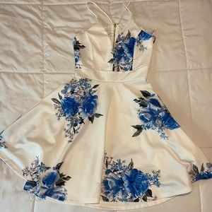 White Skater Style Dress with Blue Flowers
